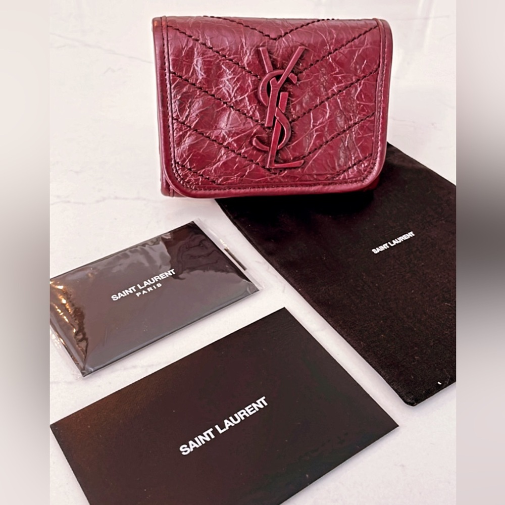 Burgundy/wine red YSL trifold wallet with coin compartment